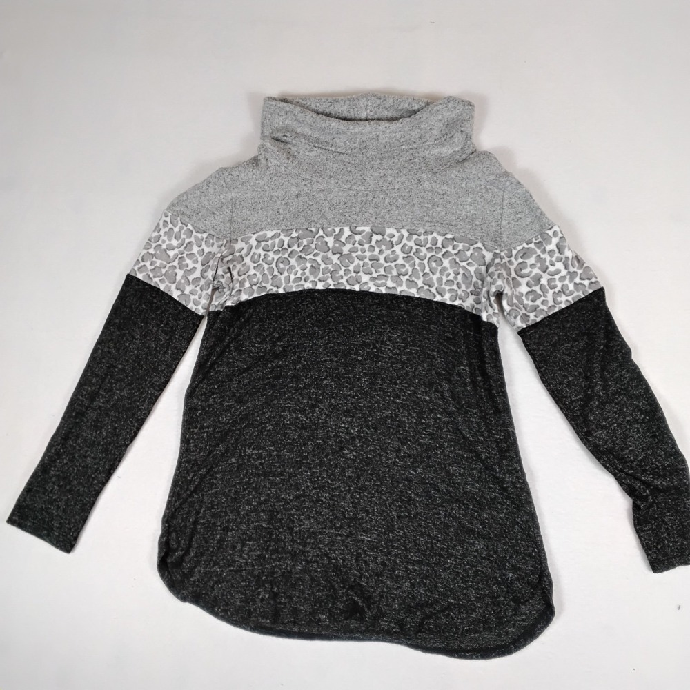 Market Spruce Womens Gray Black Leopard Colorblock Cowl Neck Long Sleeve Tunic M